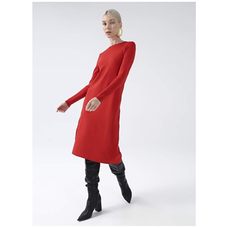 Factory Crew Neck Plain Midi Red Women's Pencil Dress SAGE