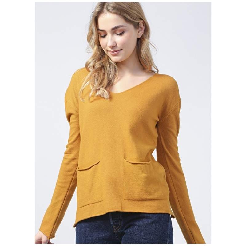 Factory V-Neck Basic Plain Mustard Women's Sweater - 20282