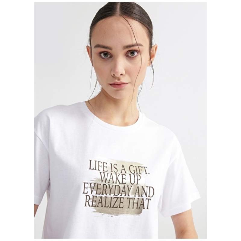 Factory Crew Neck Leafy White Women's T-Shirt MOSSO