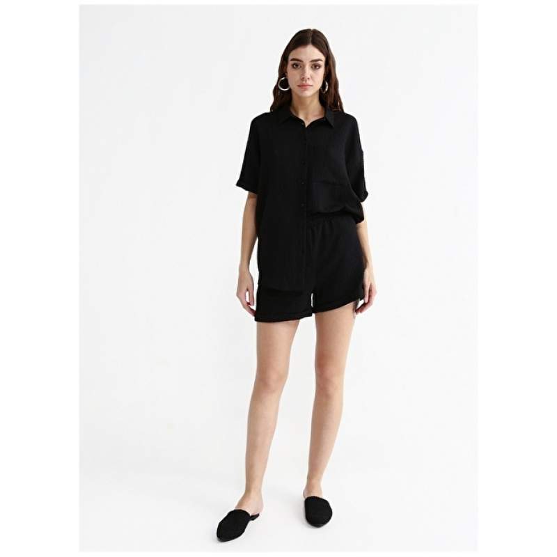 Factory Elastic Waist Basic Black Women's Shorts SOLIN