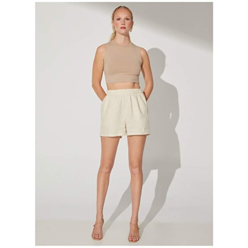Factory Elastic Waist Wide Fit Light Beige Women's Shorts MEGAZ