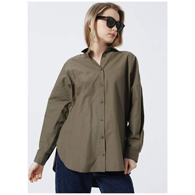 Factory Shirt Collar Plain Khaki Women Shirt FRANZ