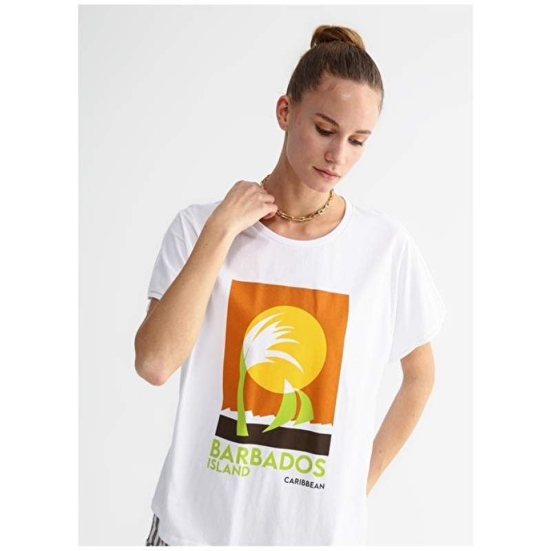 Factory Crew Neck Printed White Women's T-Shirt RIDA