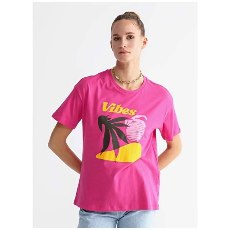 Factory Crew Neck Printed Fuchsia Women's T-Shirt VIVERE