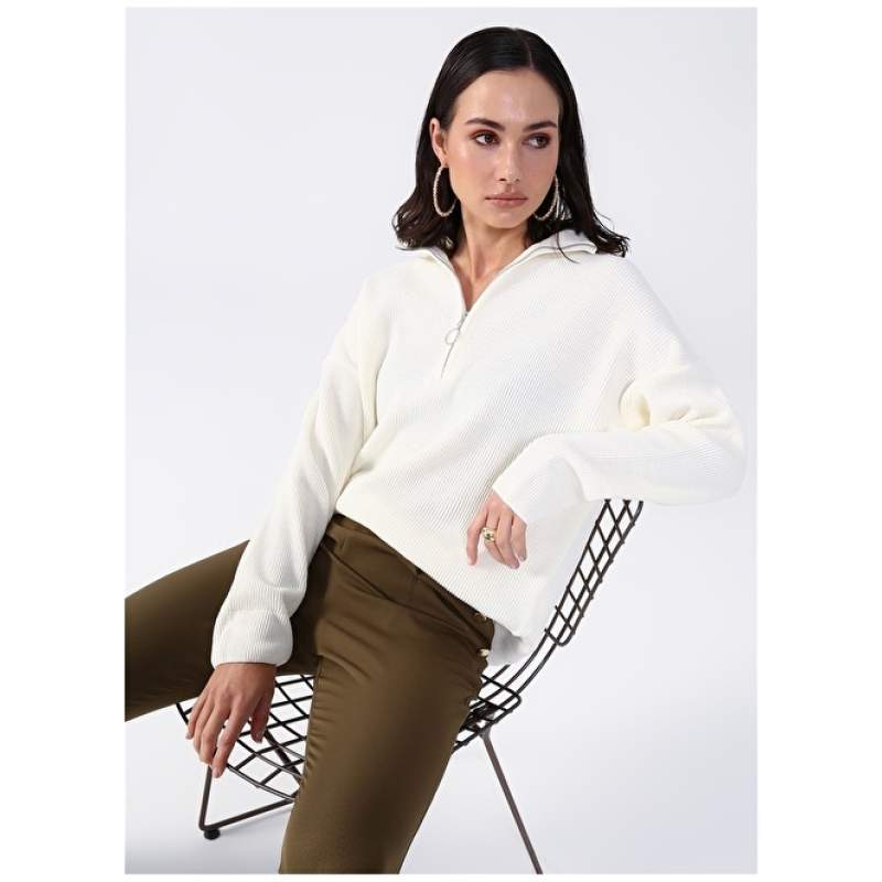 Factory Zippered Collar Plain Ecru Women's Sweater KATTEN