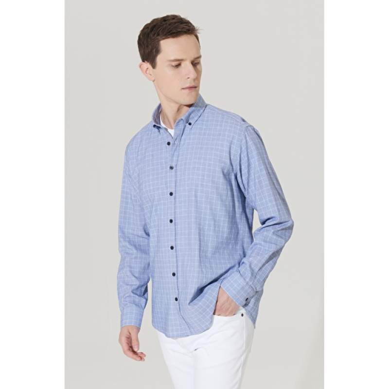4A2023200018 Comfort Fit Wide Cut Buttoned Collar Cotton Check Shirt