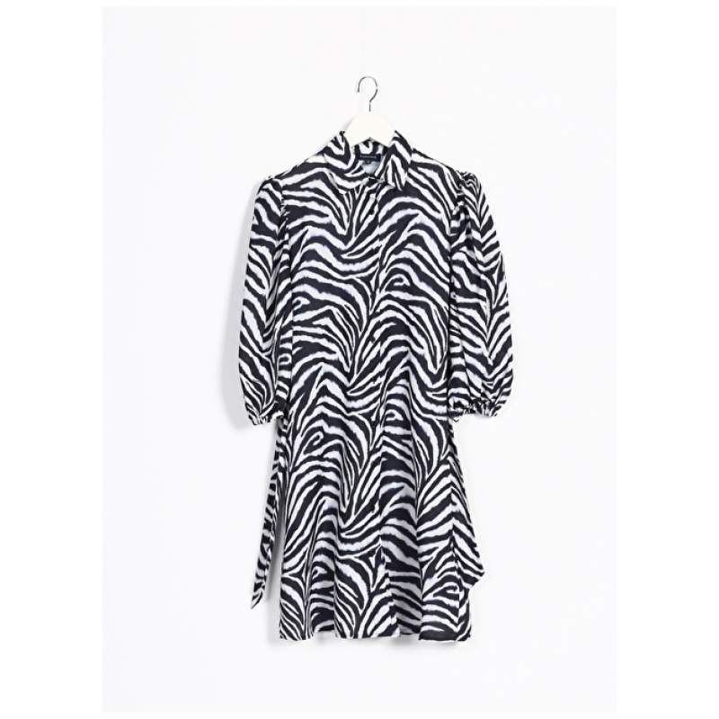 Factory Shirt Collar Patterned Mini Black - White Women's Dress YMN-10