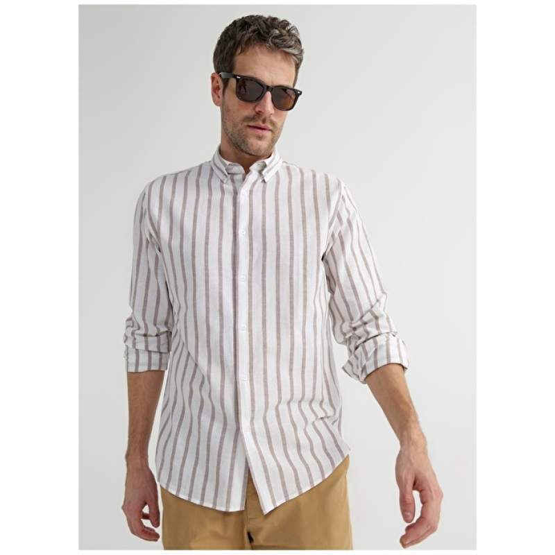 Factory Shirt Collar Striped Light Brown Men's Shirt DUTY