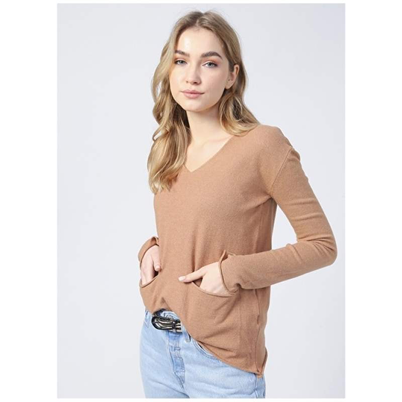 Factory V-Neck Basic Plain Camel Hair Women's Sweater - 20282