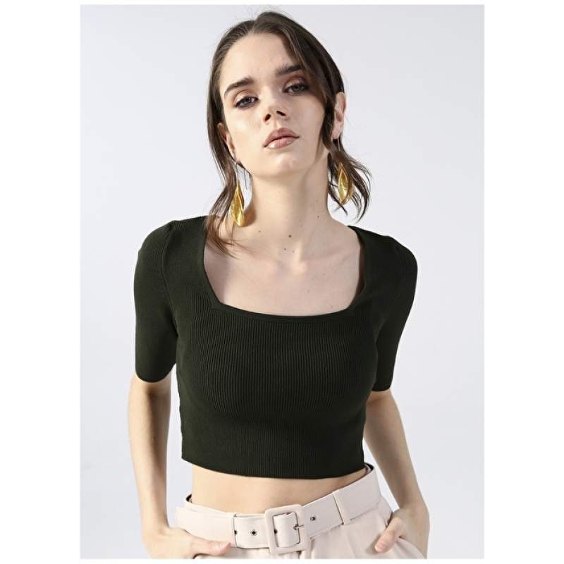 Factory Square Collar Plain Khaki Women's Blouse VALER