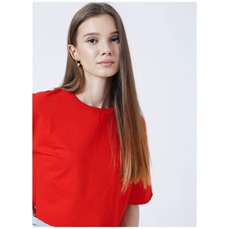 Factory Crew Neck Crop Plain Red Women's T-Shirt - YANG