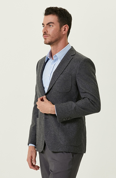 Dark Gray Checkered Wool Woven Jacket