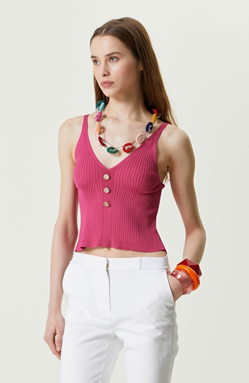 Fuchsia V Neck Strap Sweater