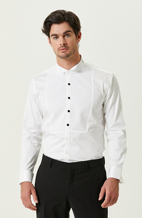 Slim Fit White Satin Tuxedo Shirt