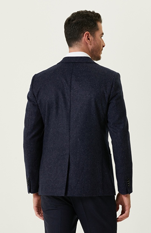 Navy Checkered Wool Woven Jacket