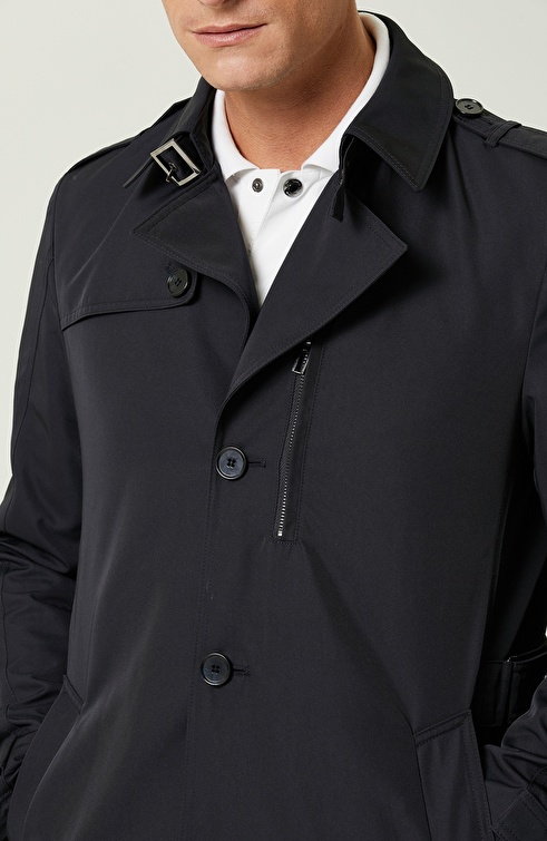 Navy Blue Long Sleeve Shirt Collar Overcoat-1086136-291