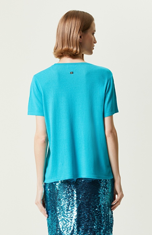 Turquoise Short Sleeve Crew Neck Sweater