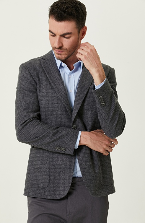 Dark Gray Checkered Wool Woven Jacket