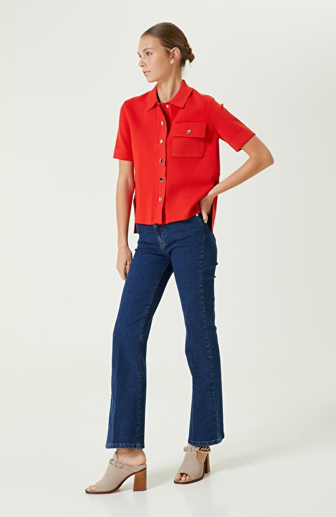 Red Shirt Collar Short Sleeve Knitwear Jacket