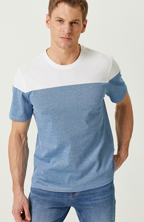 Turquoise White Short Sleeve Crew Neck T-shirt