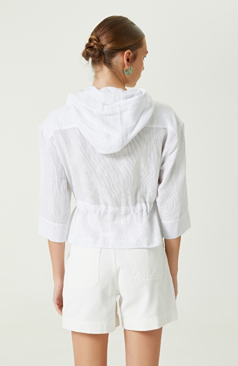 White Hooded Waist Drawstring Jacket