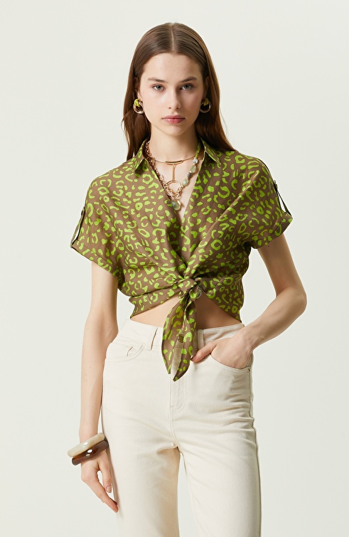 Khaki Patterned Short Sleeve Blouse