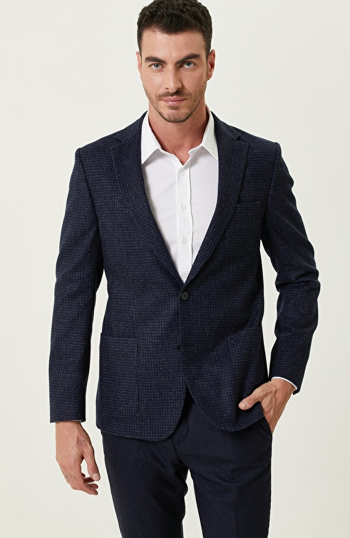 Navy Checkered Wool Woven Jacket