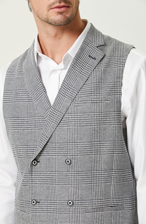 Navy Blue-Ecru Double Breasted Collar Plaid Vest