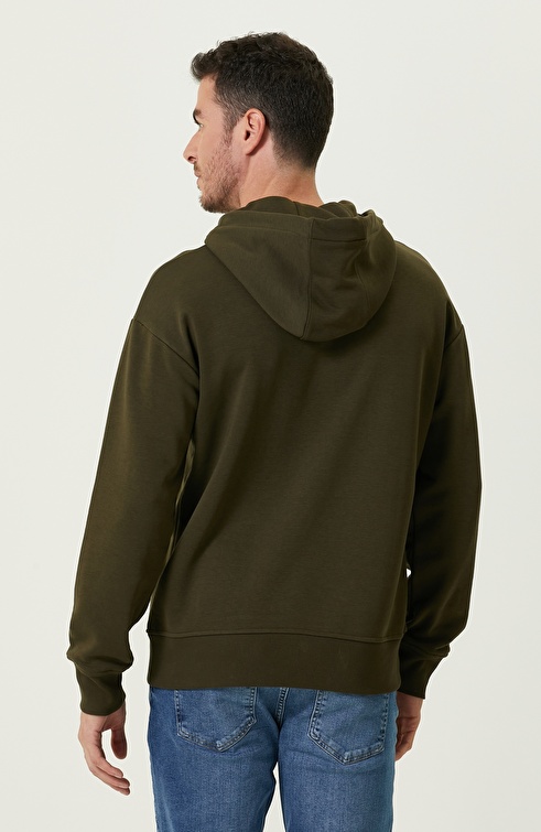 Khaki Hooded Combed Cotton Sweatshirt