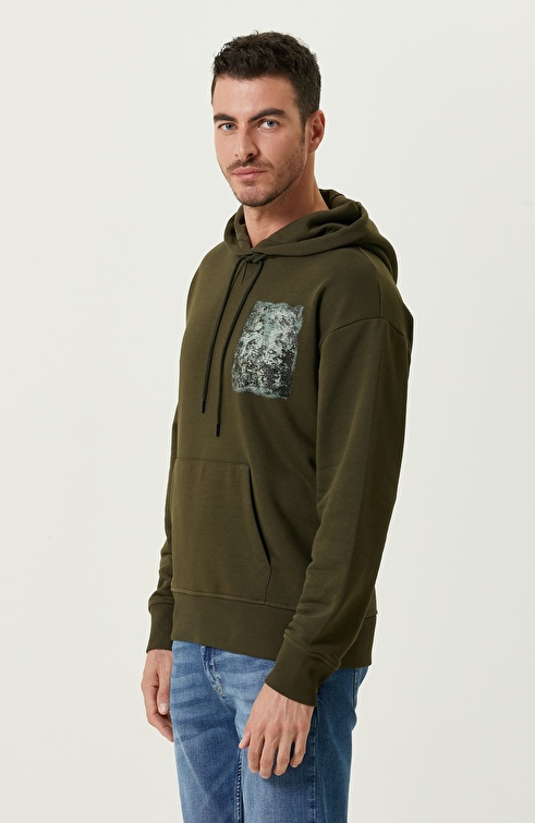 Khaki Hooded Combed Cotton Sweatshirt