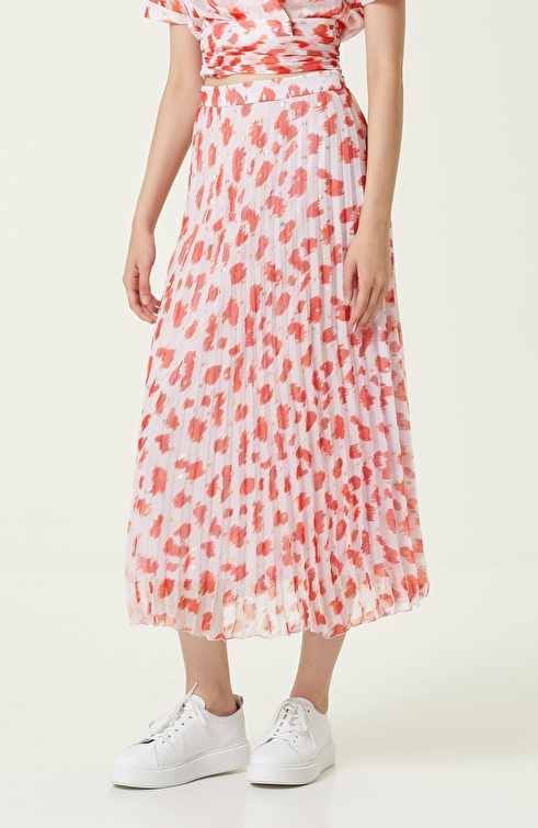 Pomegranate Flower White Patterned Pleated Midi Skirt