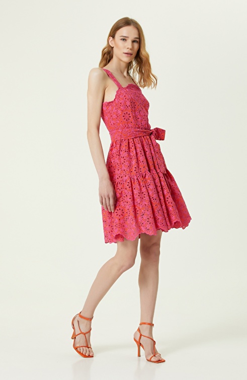 Pomegranate Flower Guipure Textured Mini Dress