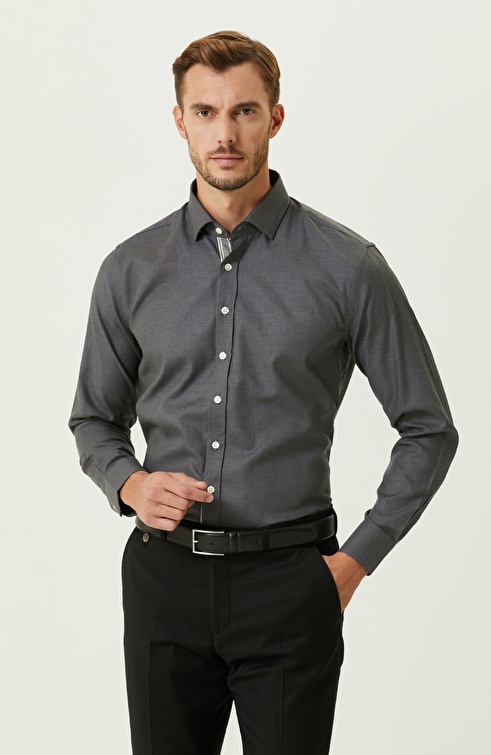 Slim Fit Anthracite Diagonal Cotton Shirt