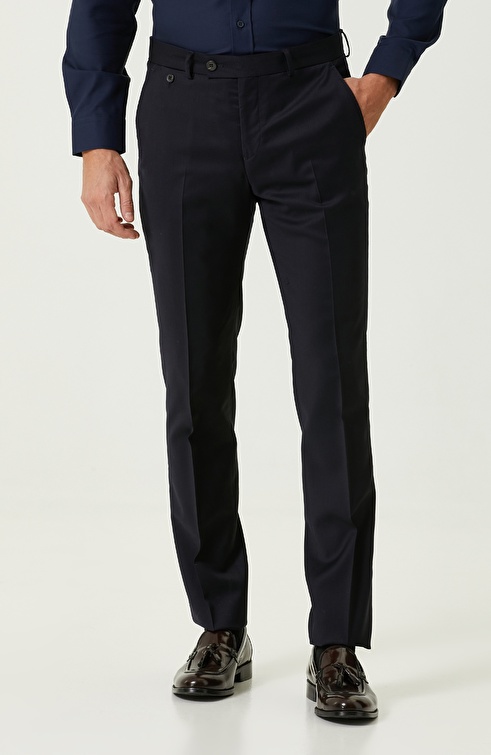 Slim Fit Navy Blue Wool Trousers