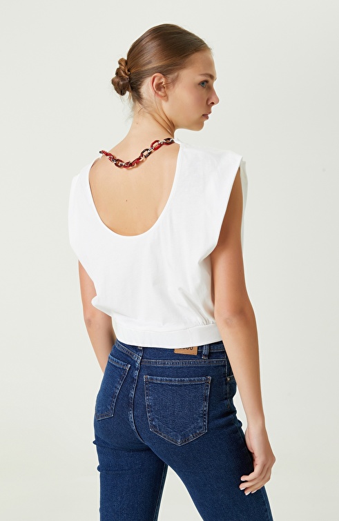 Ecru Printed Sleeveless Crop Tshirt