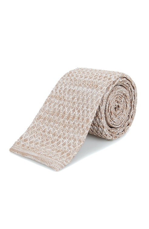 Beige Geometric Pattern Knitted Textured Tie