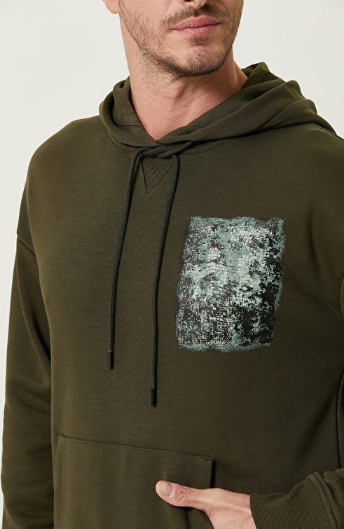 Khaki Hooded Combed Cotton Sweatshirt