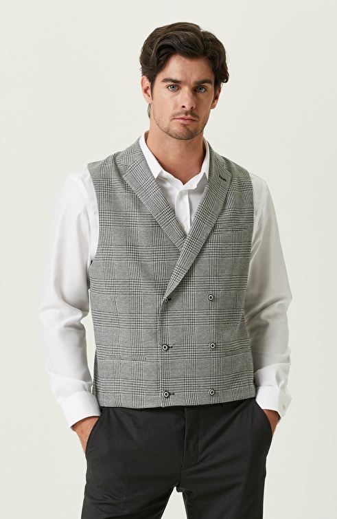 Navy Blue-Ecru Double Breasted Collar Plaid Vest