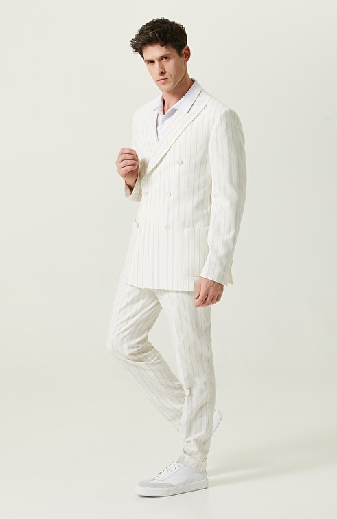 Ecru Striped Double Breasted Suit