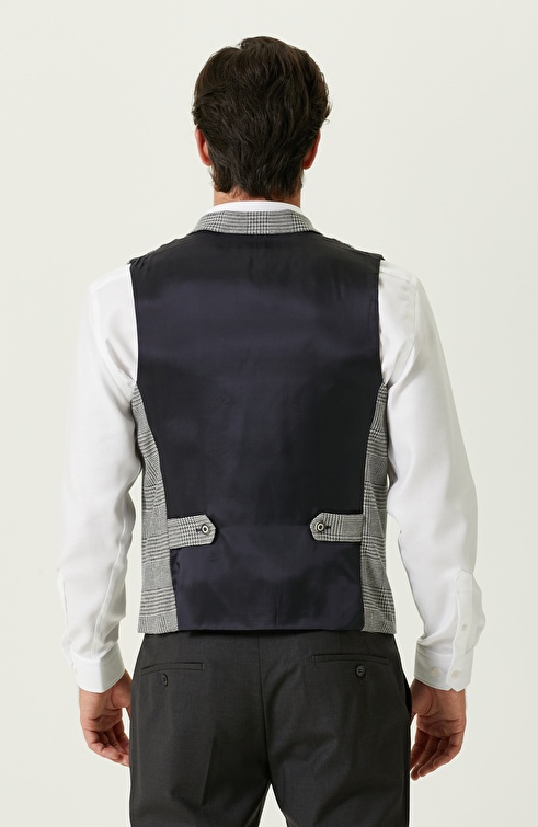 Navy Blue-Ecru Double Breasted Collar Plaid Vest