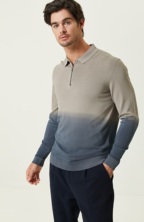 Gray Polo Collar Gradient Sweater