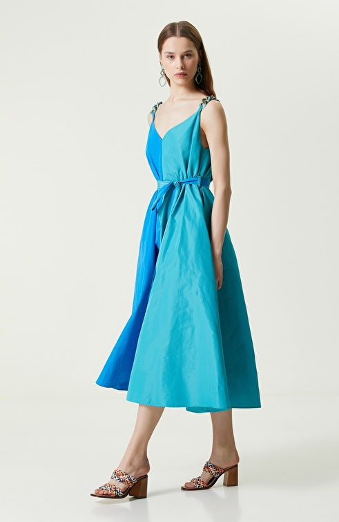 Turquoise Strap Long Taffeta Dress