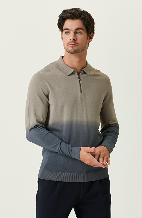 Gray Polo Collar Gradient Sweater