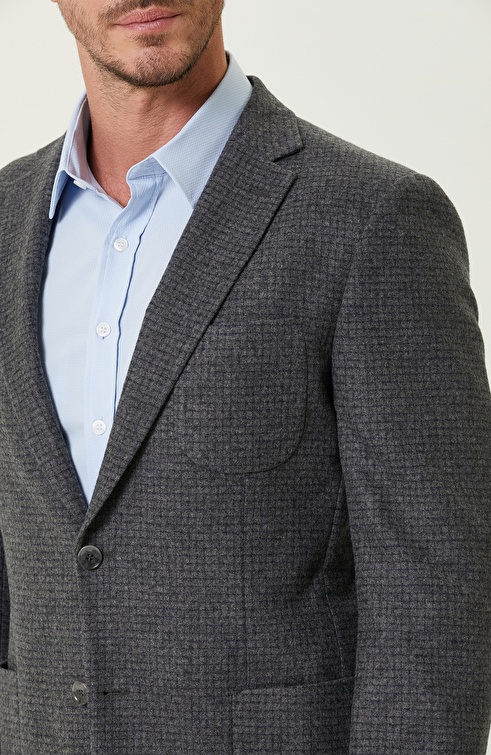 Dark Gray Checkered Wool Woven Jacket