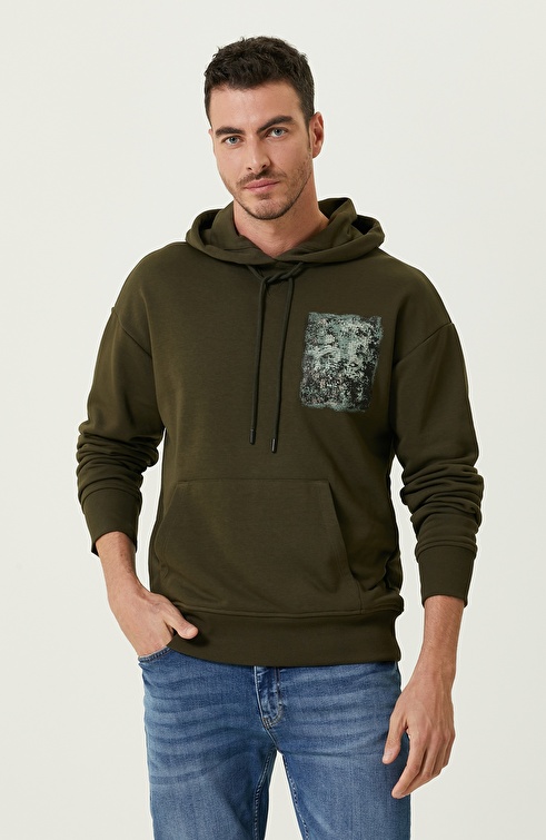 Khaki Hooded Combed Cotton Sweatshirt