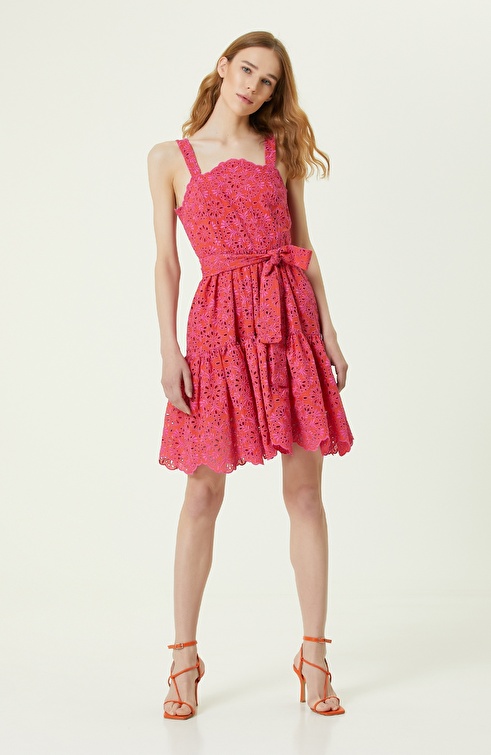 Pomegranate Flower Guipure Textured Mini Dress