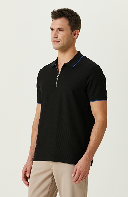 Black Zippered Polo Neck T-Shirt