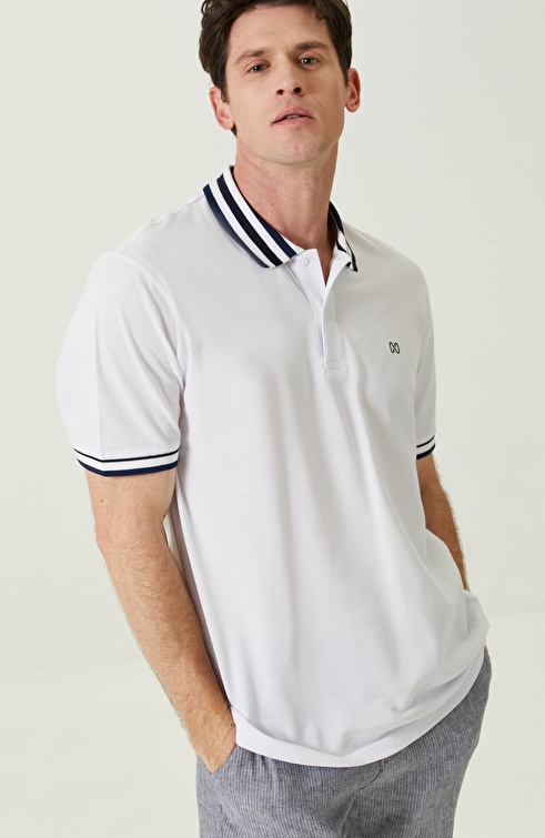 White Blue Short Sleeve Polo Neck Tshirt