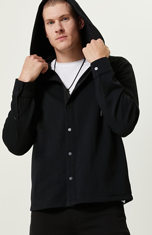 Diagonal Patterned Hooded Collar Black Outer Shirt