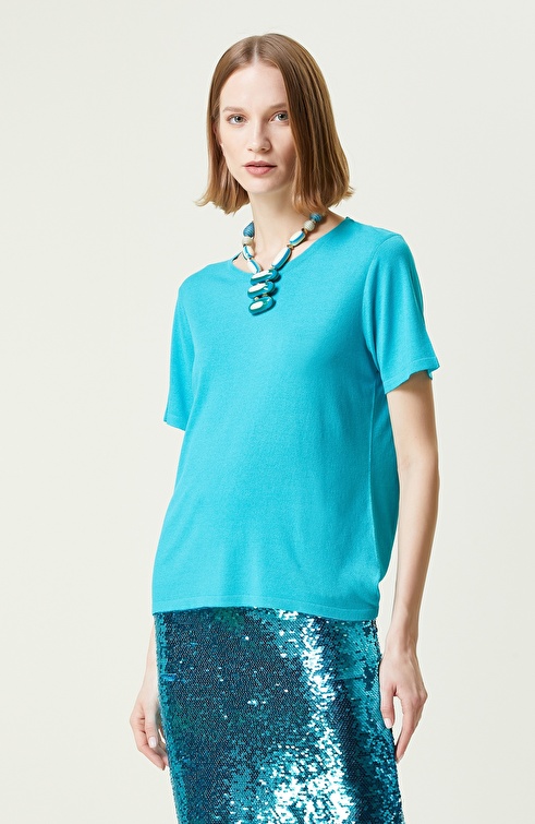 Turquoise Short Sleeve Crew Neck Sweater